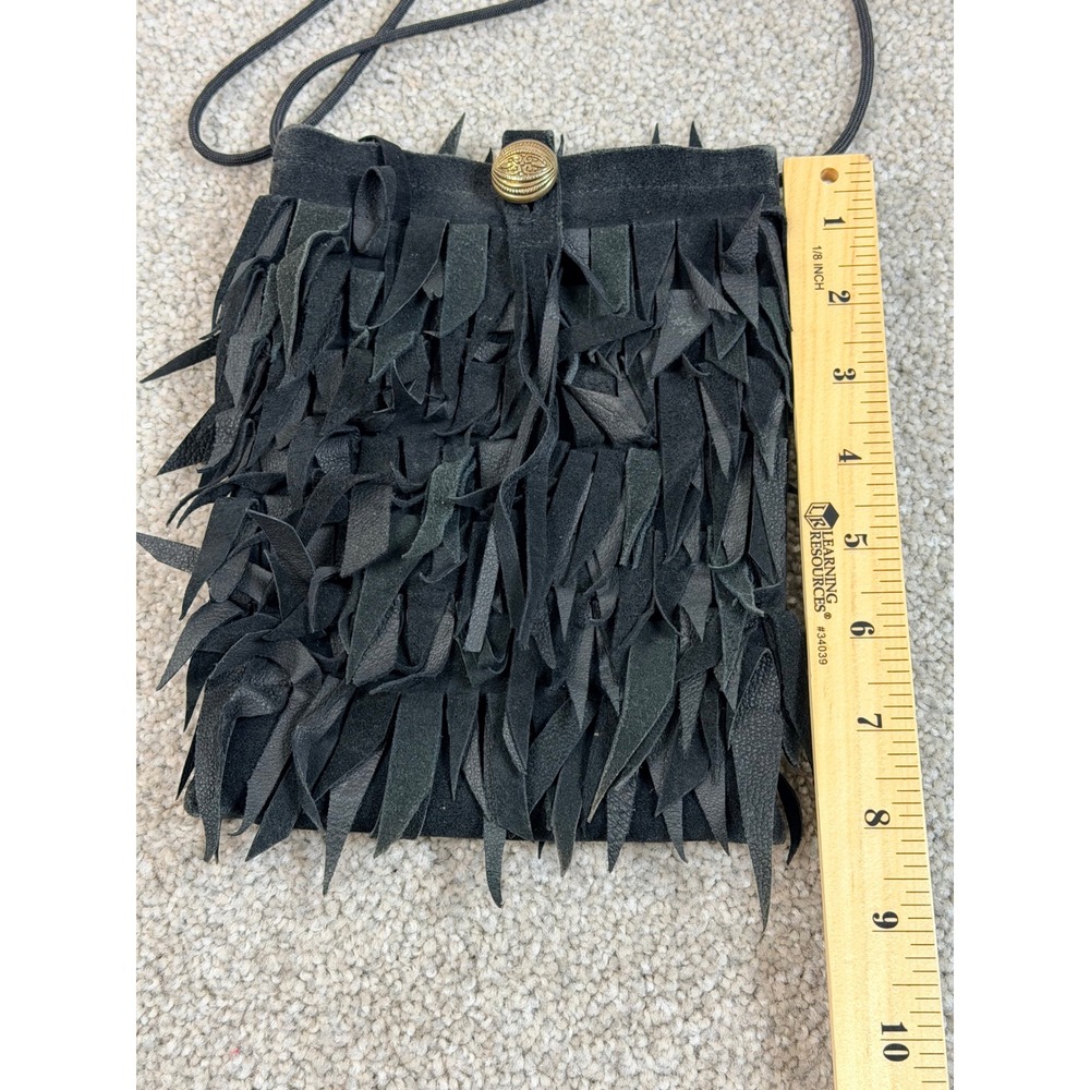 Kathryn Laibson Black Suede Fringed Crossbody Bag Boho Festival Button Closure - Picture 3 of 6